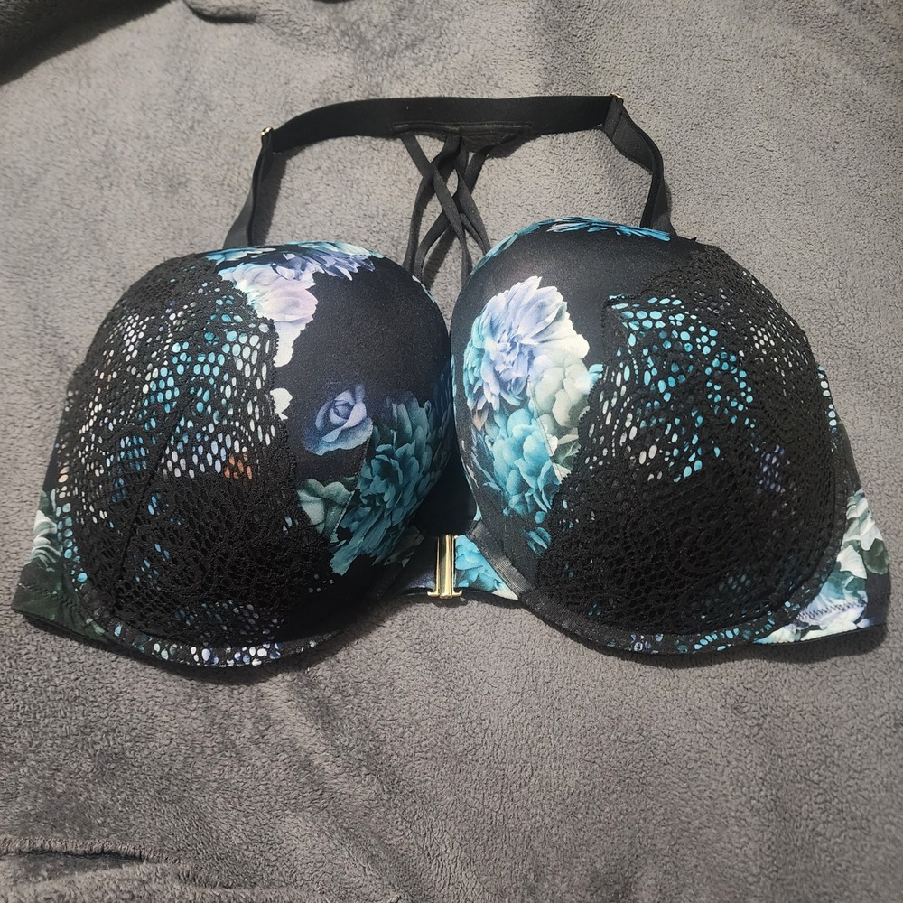 Cacique Black Floral Lace Push-Up Bra with Teal & Light Blue Flowers